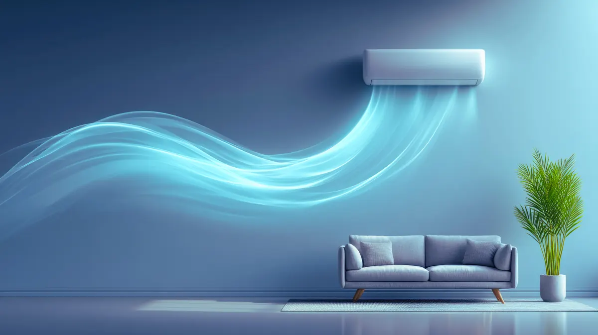 A wall-mounted heat pump circulating clean air through a living room